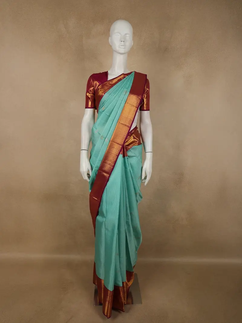Aqua Blue Checked Zari Woven Design Pure Kanchipuram Silk Saree With Contrast Border 1
