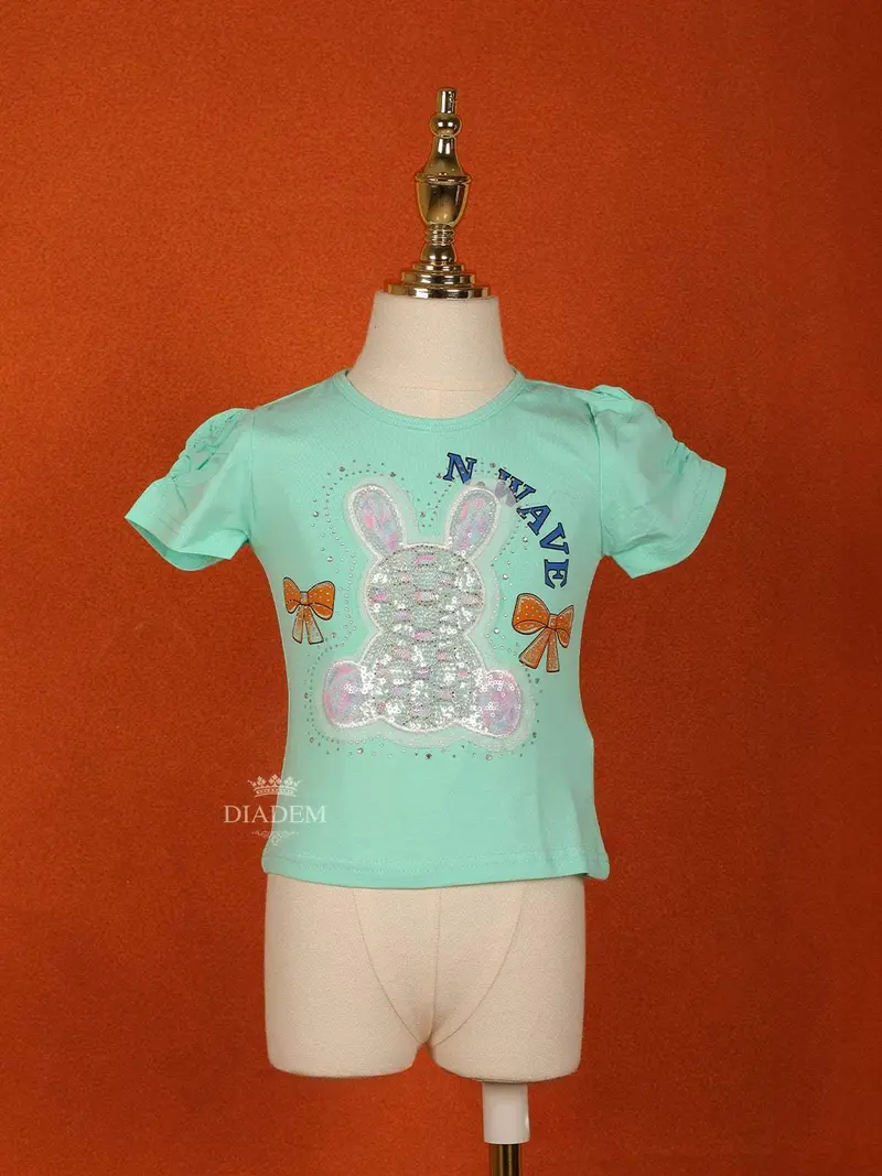 Aqua Blue Cotton Half Sleeve Embroidered T-Shirt For Girls 1
