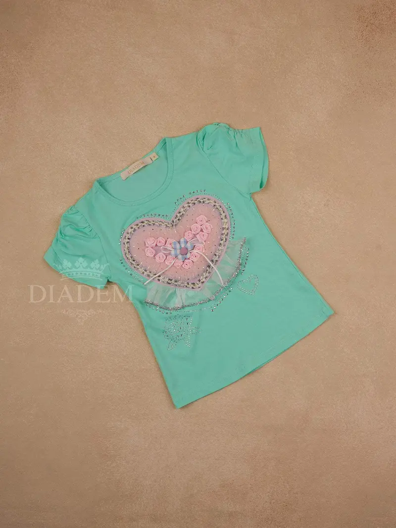 Aqua Blue Cotton Half Sleeve T-Shirt With Floral And Heart Designs For Girls 1