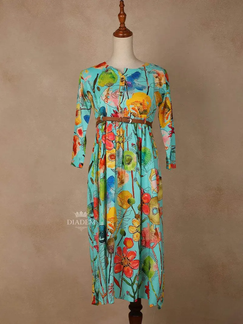 Aqua Blue Cotton Maxi Dress For Girls Adorned With Floral Prints And Waist Belt 1