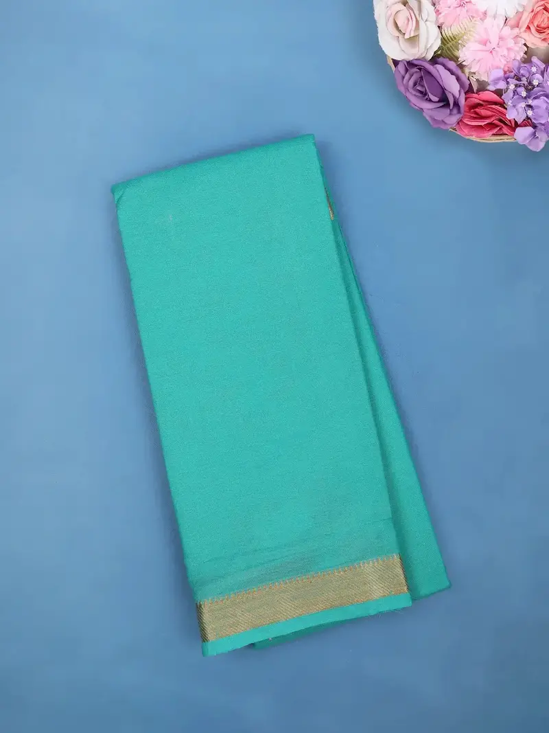 Aqua Blue Cotton Saree With Zari Border 1