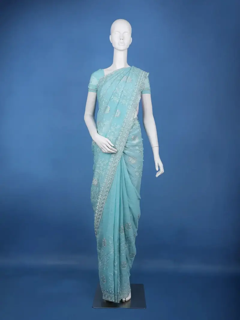 Aqua Blue Embroidered Sequin Organza Saree 1