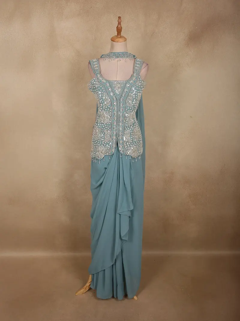 Aqua Blue Floral Beads Embroidered Design Georgette Skirt Top With Choker Dupatta 1