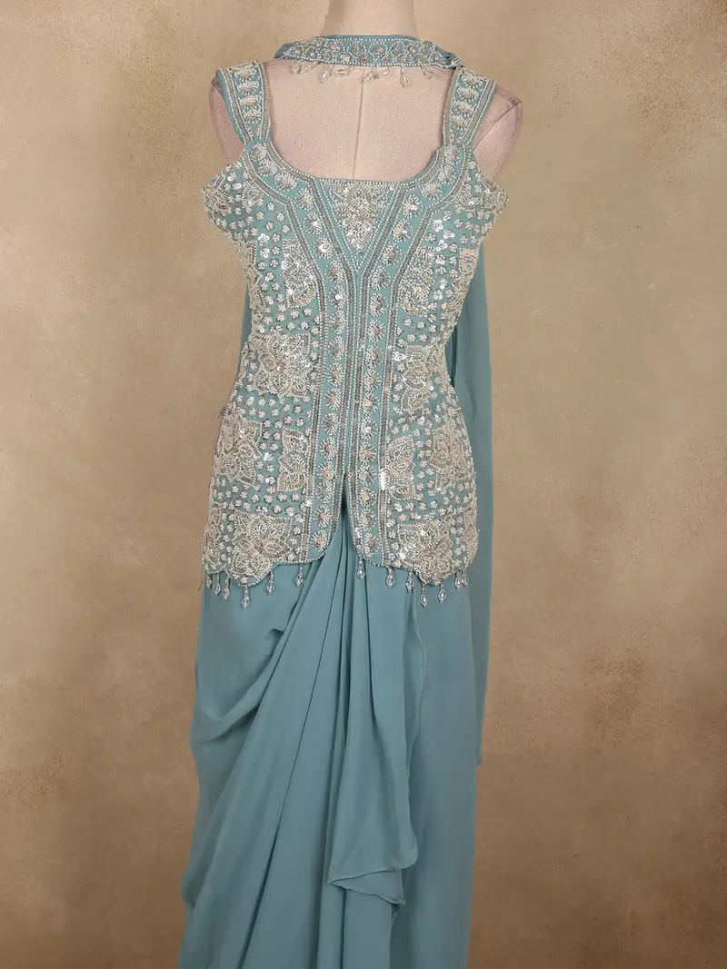 Aqua Blue Floral Beads Embroidered Design Georgette Skirt Top With Choker Dupatta 2