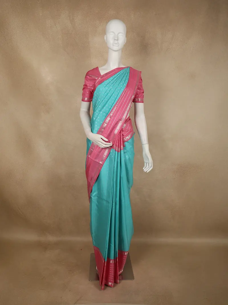 Aqua Blue Floral Butta Woven Design Pure Kanchipuram Silk Saree With Contrast Silver Zari Border 1