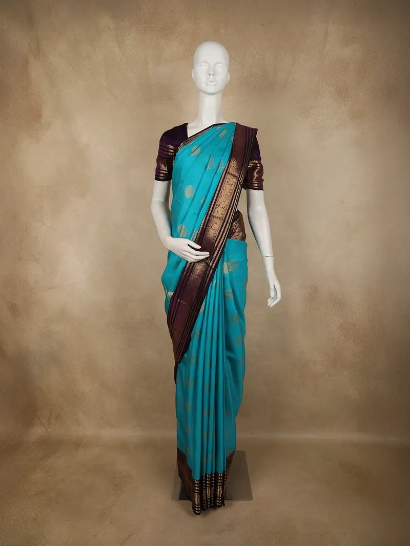 Aqua Blue Floral Butta Woven Design Pure Kanchipuram Silk Saree With Contrast Zari Border 1