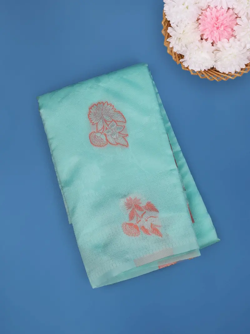 Aqua Blue Floral Butta Woven Fancy Art Silk Saree 1