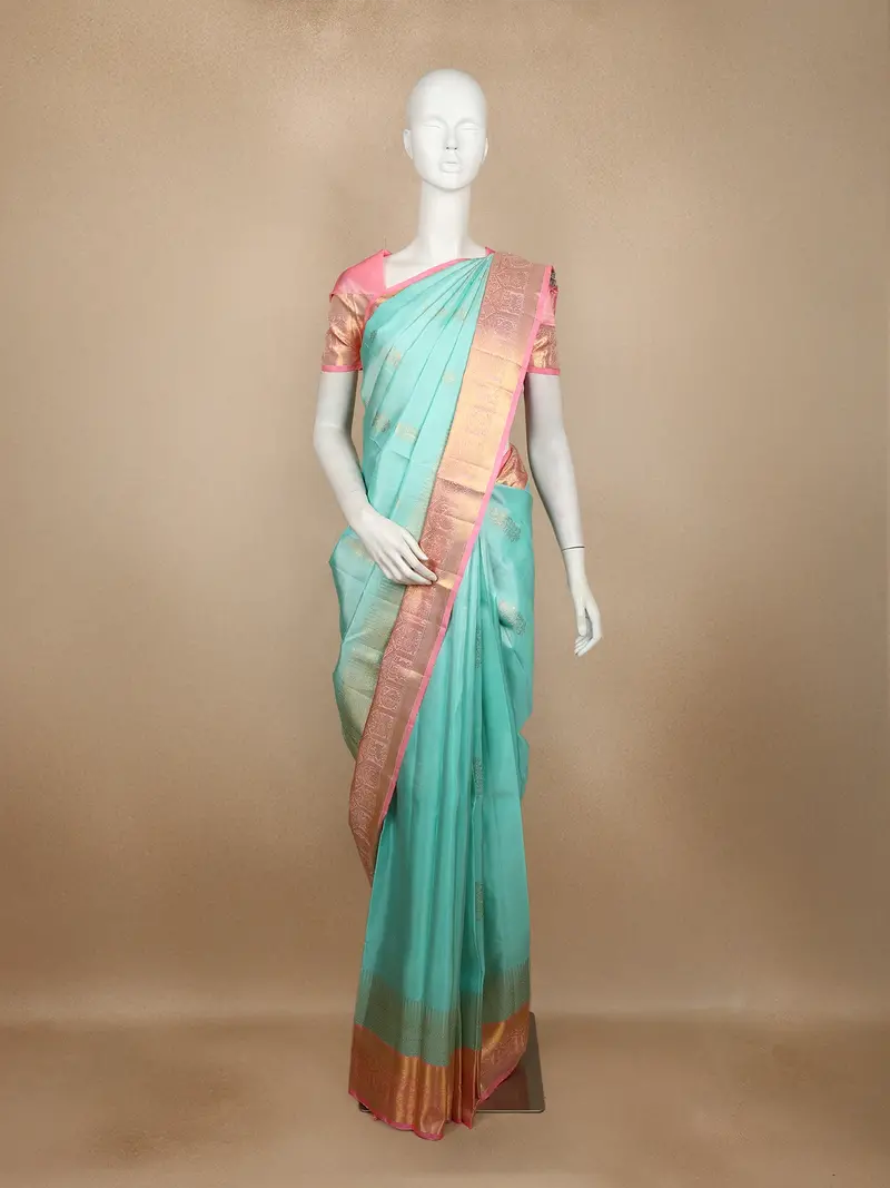 Aqua Blue Floral Butta Woven Pure Kanchipuram Silk Saree With Contrast Pink Zari Border 1