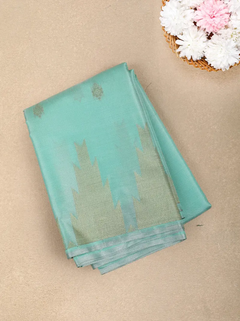 Aqua Blue Floral Butta Zari Woven Design Tissue Designer Saree With Temple Border 1