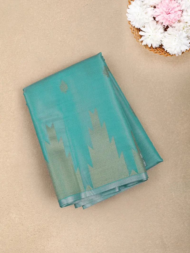 Aqua Blue Floral Butta Zari Woven Design Tissue Designer Saree With Temple Border 1