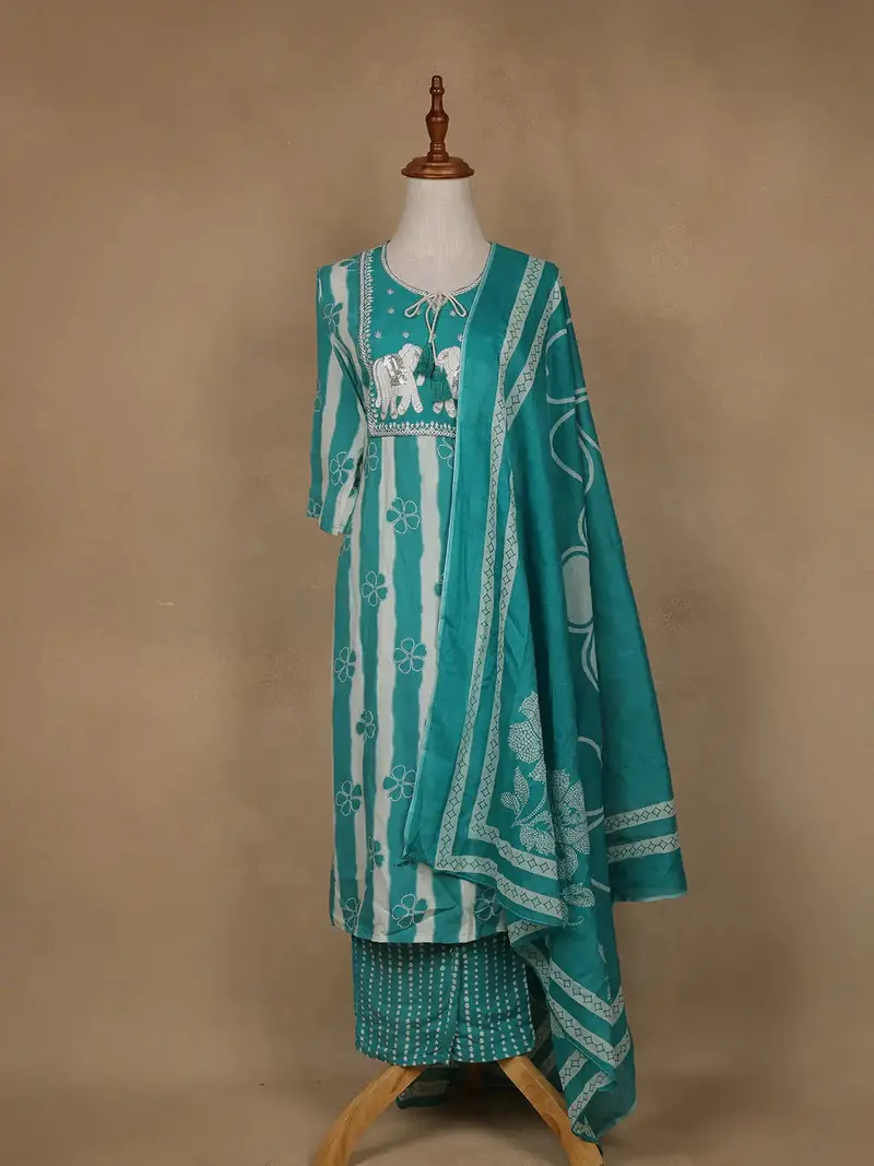 Aqua Blue Floral Design Printed Cotton Salwar Suit 1