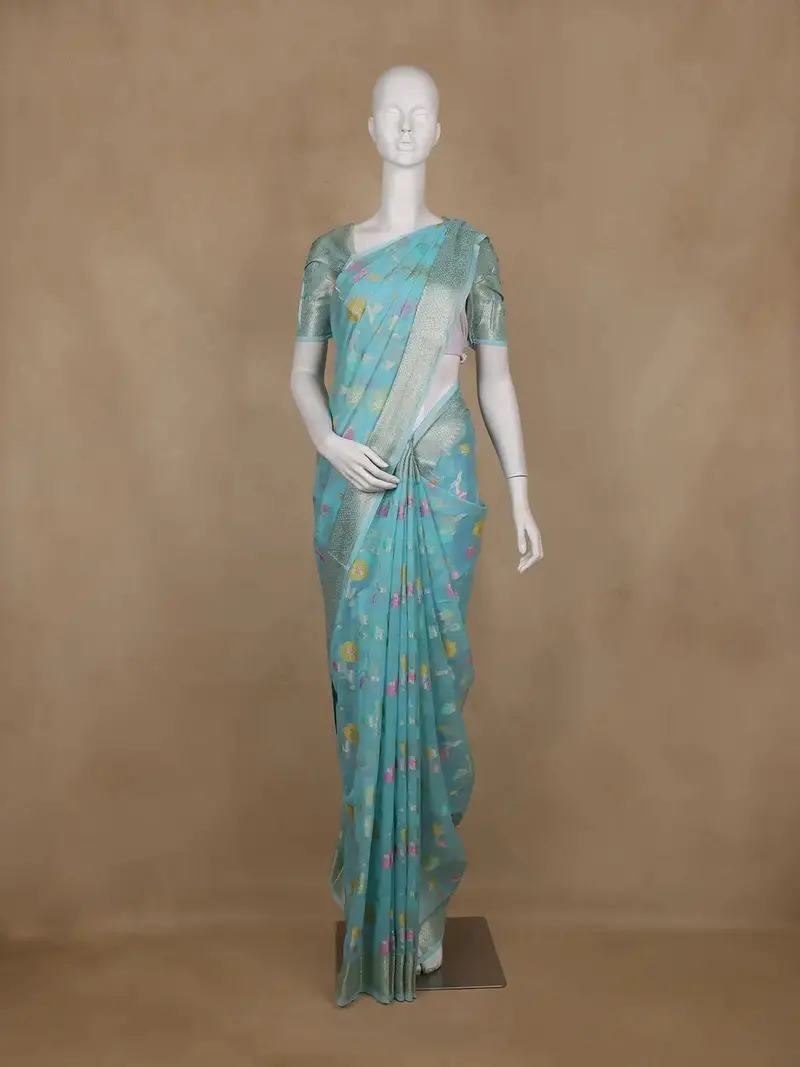 Aqua Blue Floral Designed Art Silk Saree 1