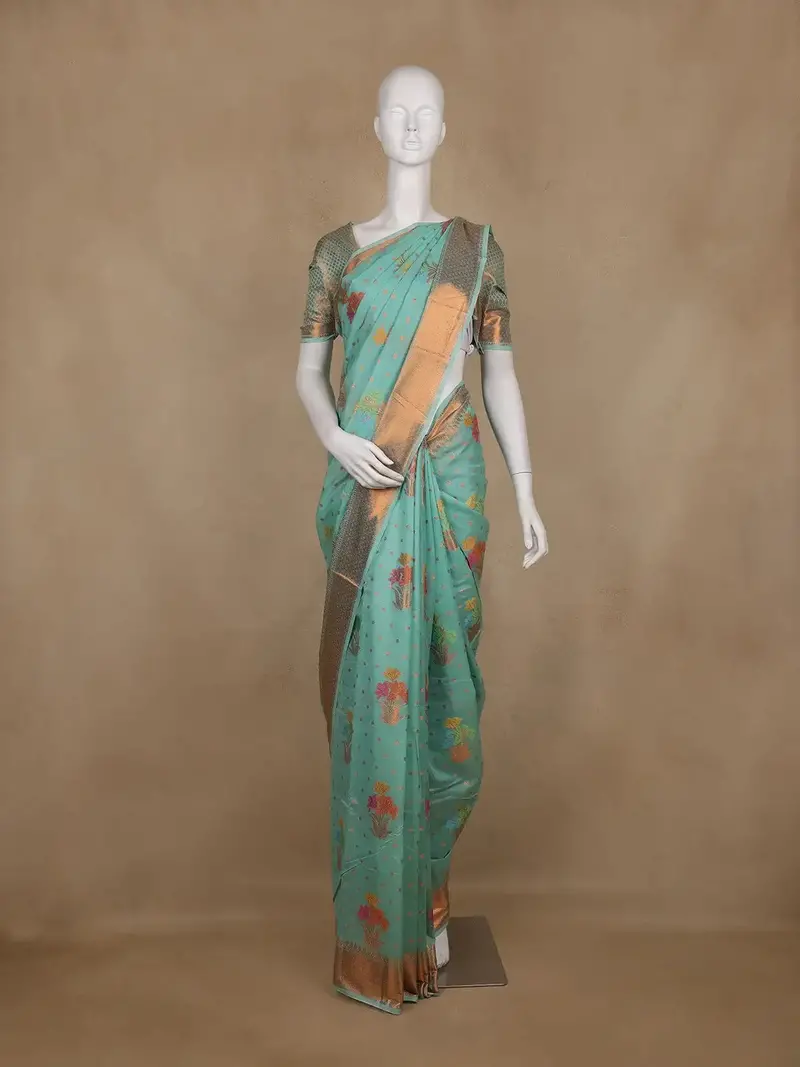 Aqua Blue Floral Designed Art Silk Saree Zari Border 1