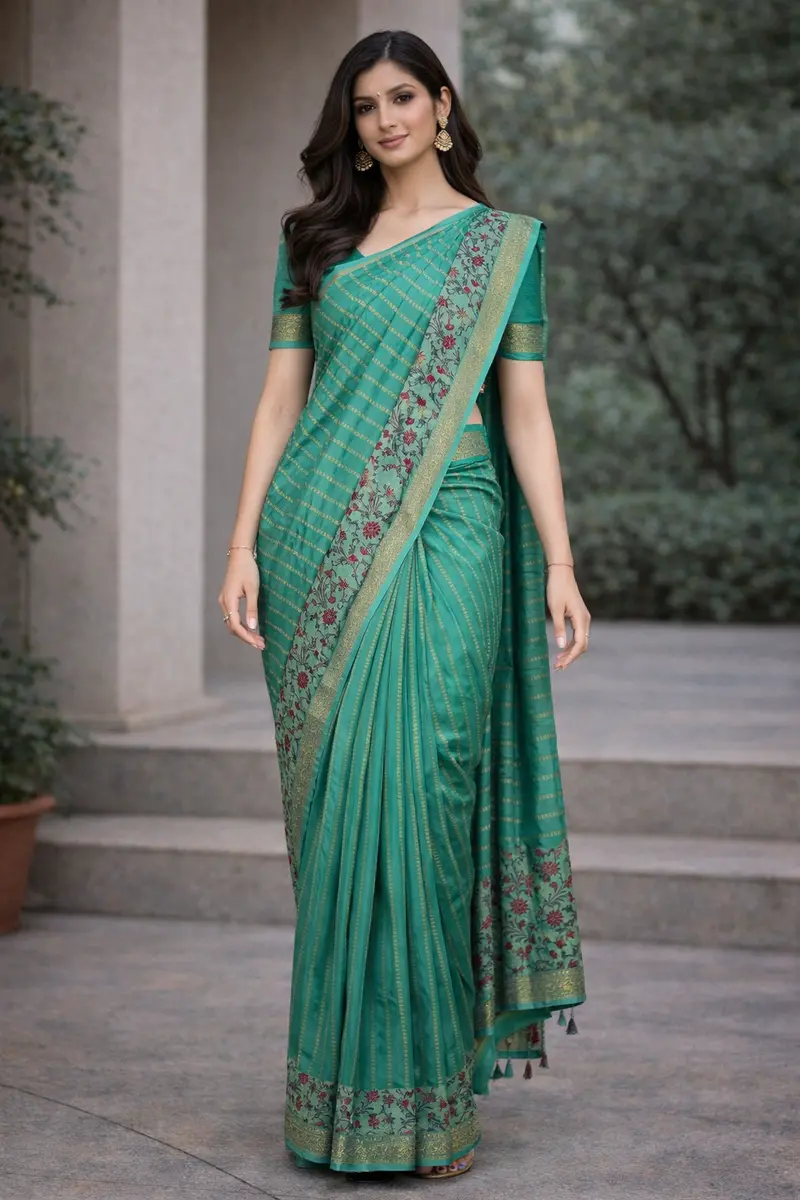 Aqua Blue Floral Designed Chanderi Cotton Saree 1
