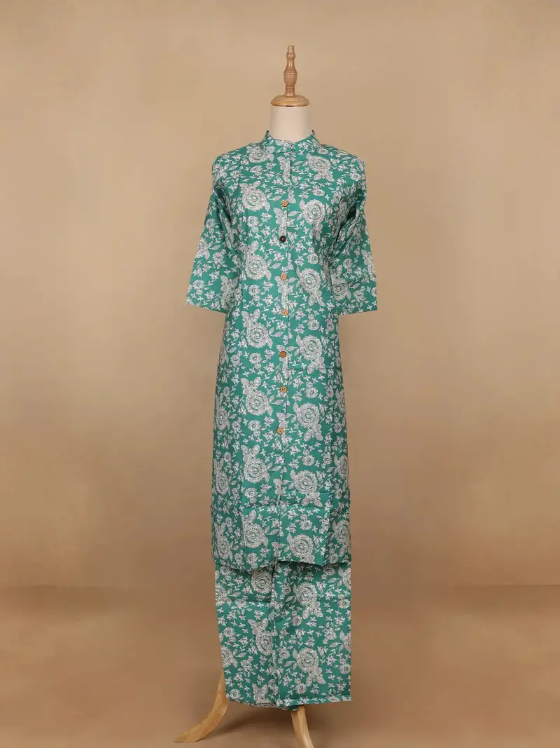 Aqua Blue Floral Designed Cotton Salwar Suit 1