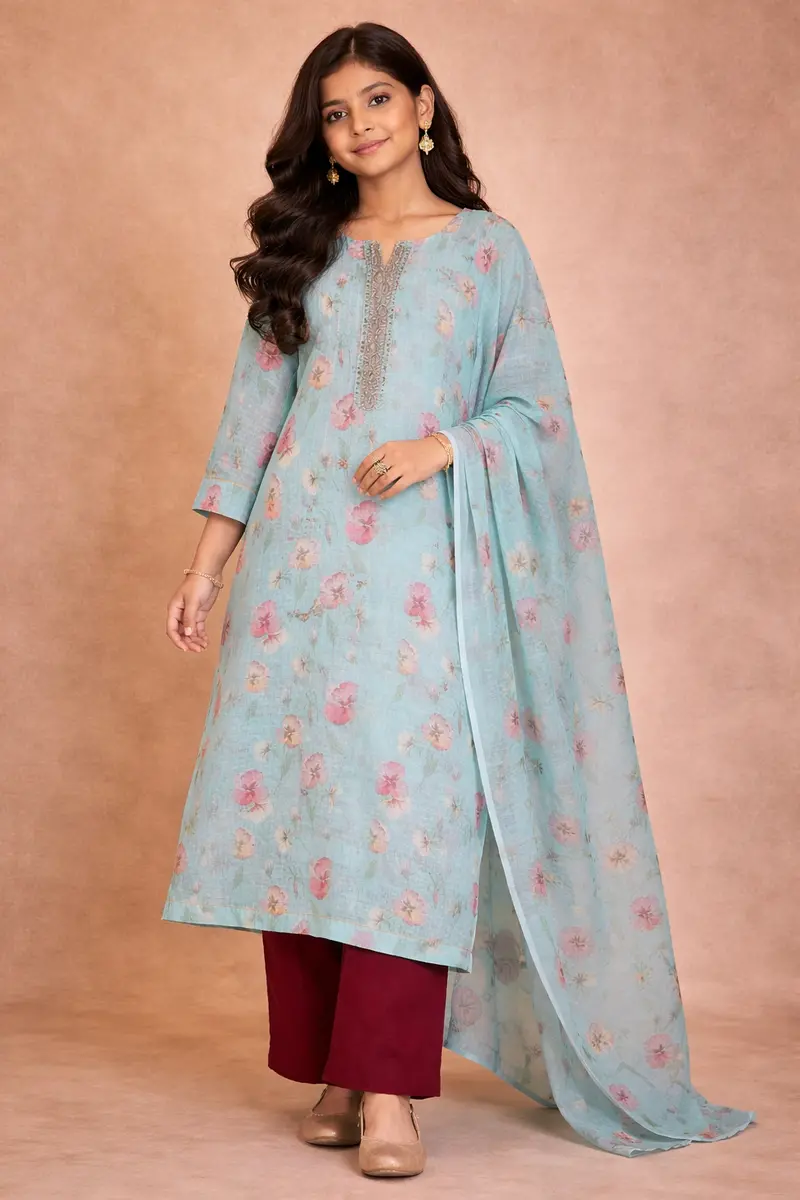 Aqua Blue Floral Designed Cotton Salwar Suit 1