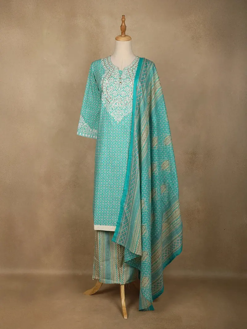 Aqua Blue Floral Designed Cotton Straight Cut Salwar Suit 1