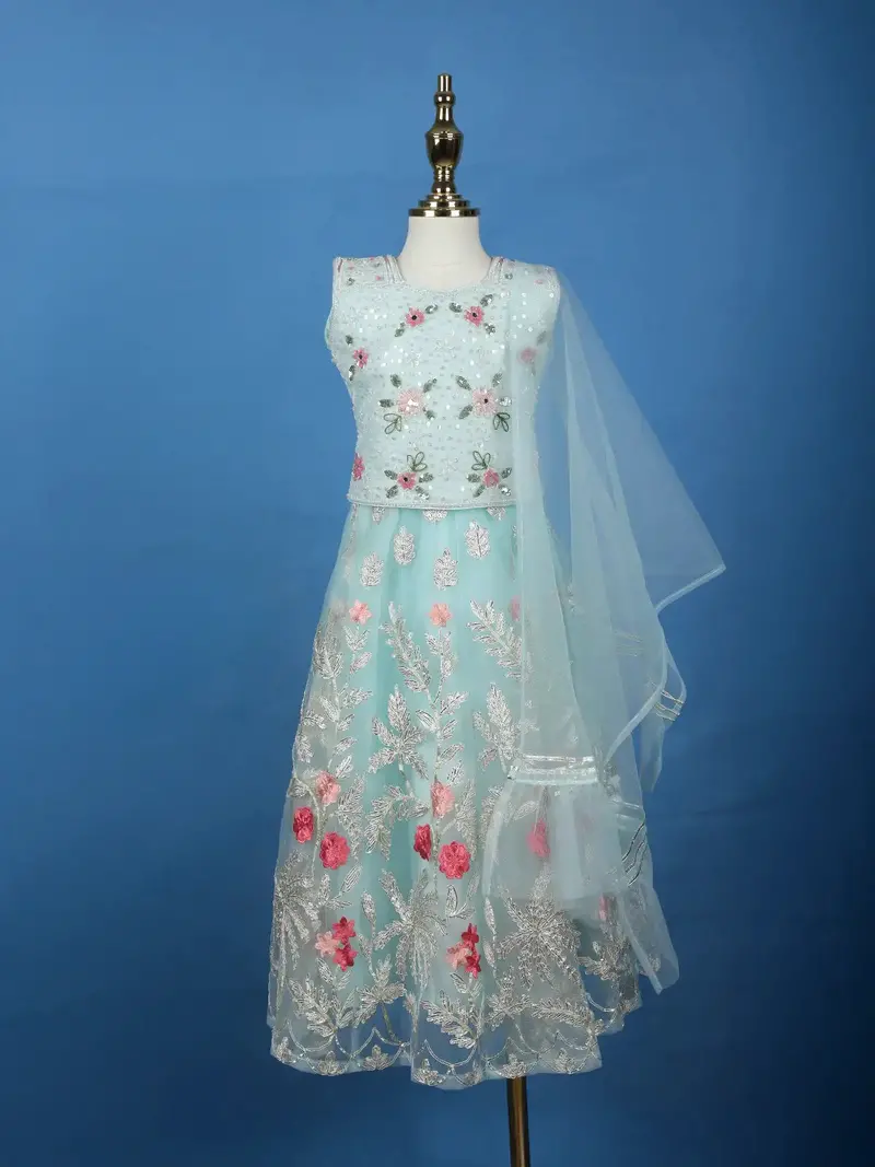 Aqua Blue Floral Designed Net Lehenga 1