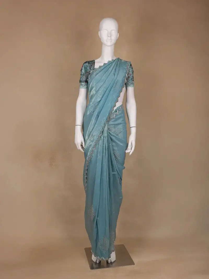 Aqua Blue Floral Designed Organza Designer Saree 1