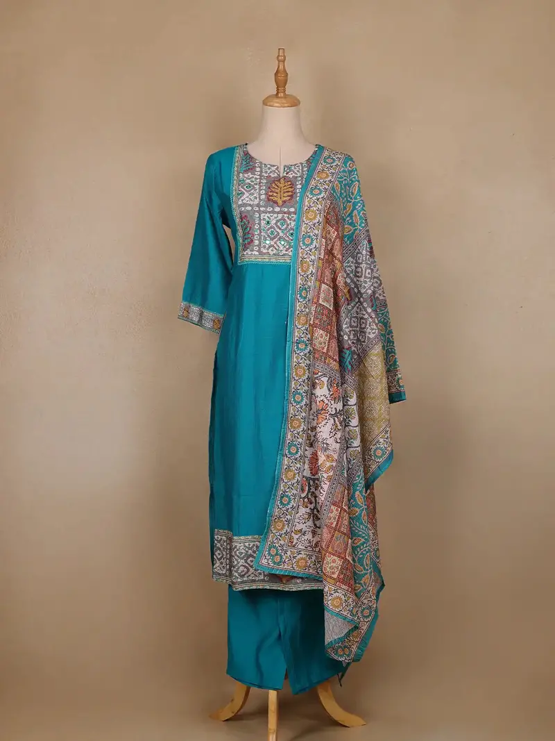 Aqua Blue Floral Designed Raw Silk Salwar Suit 1