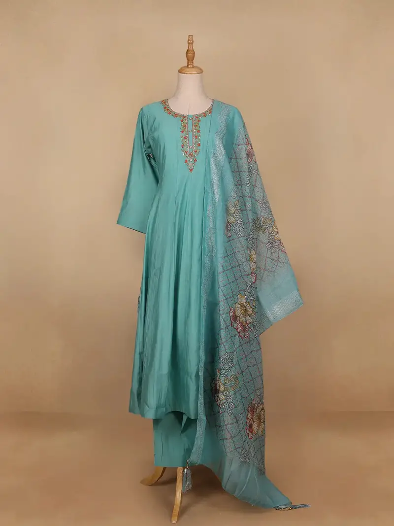 Aqua Blue Floral Designed Semi Silk Salwar Suit 1