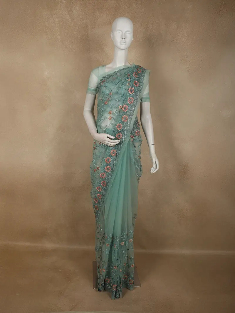 Aqua Blue Floral Embroidered Design Net Designer Saree 1