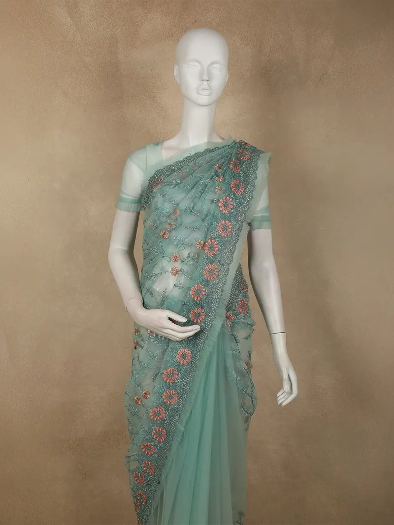 Aqua Blue Floral Embroidered Design Net Designer Saree 2