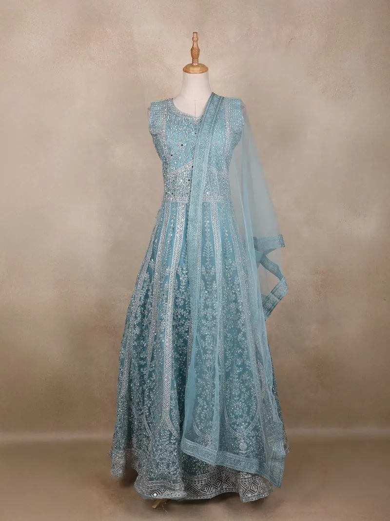 Aqua Blue Floral Embroidered Design Net Gown 1