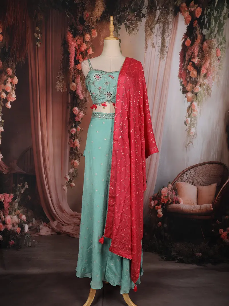 Aqua Blue Floral Embroidered Georgette Palazzo Suit 1