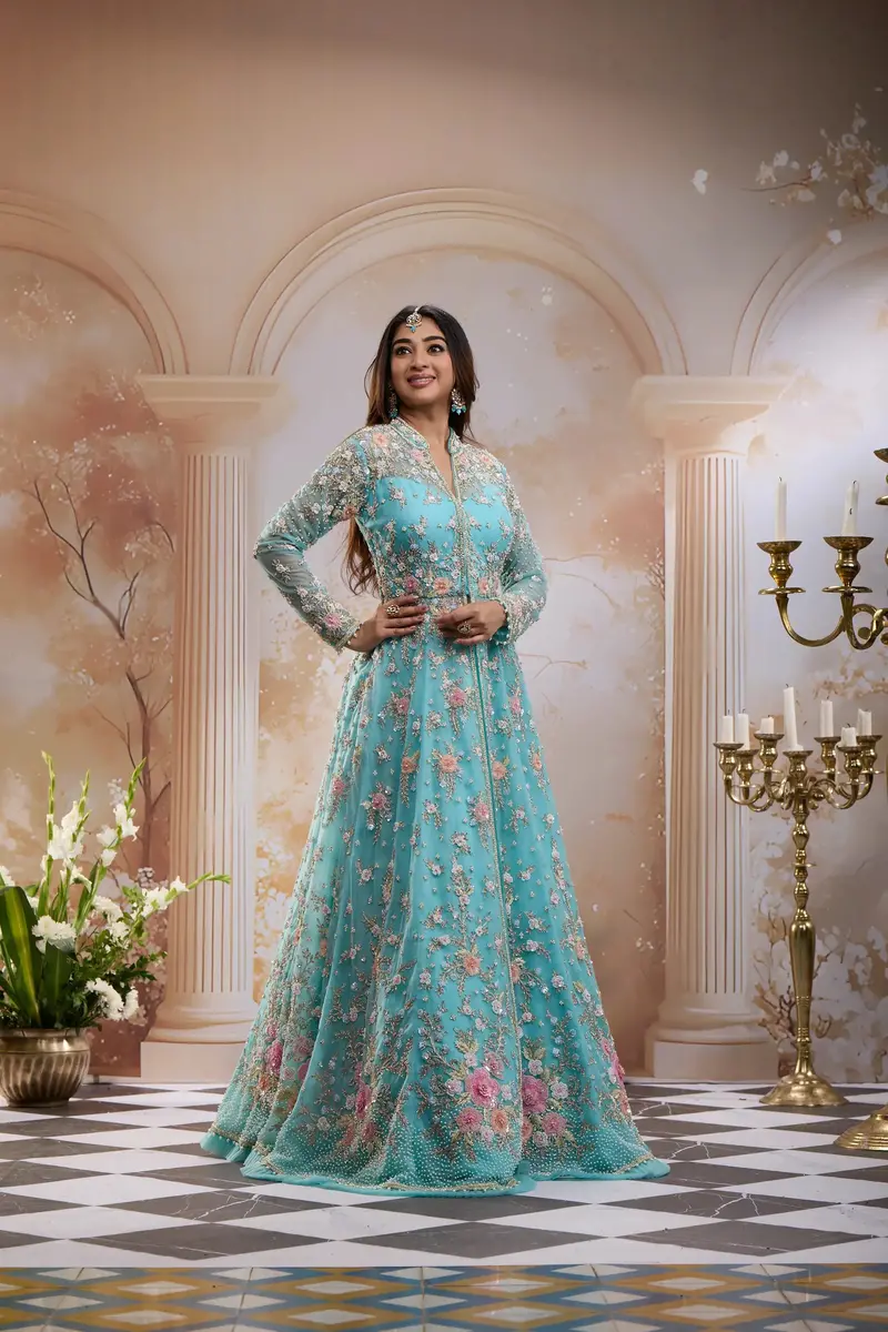 Aqua Blue Floral Embroidered Long Type Over Coat Net Lehenga 1