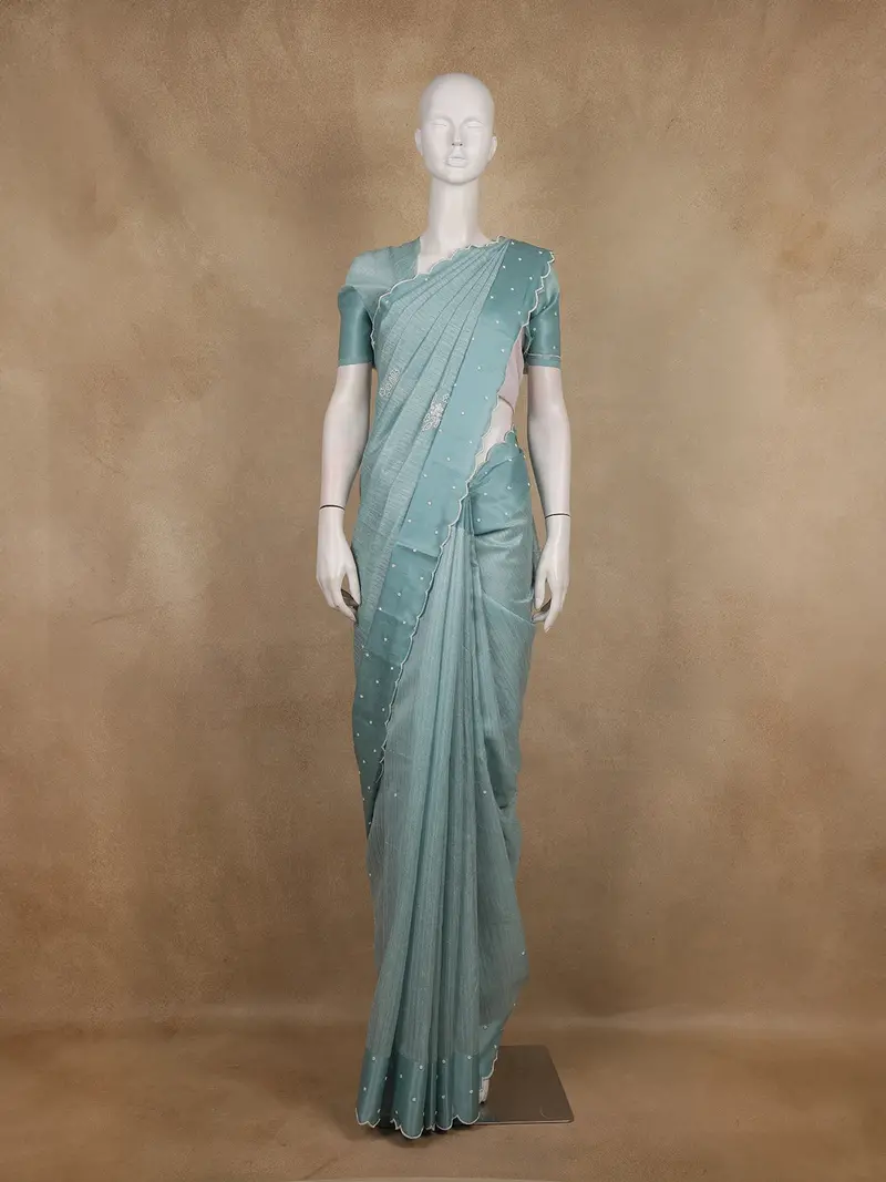 Aqua Blue Floral Embroidered Raw Silk Saree 1