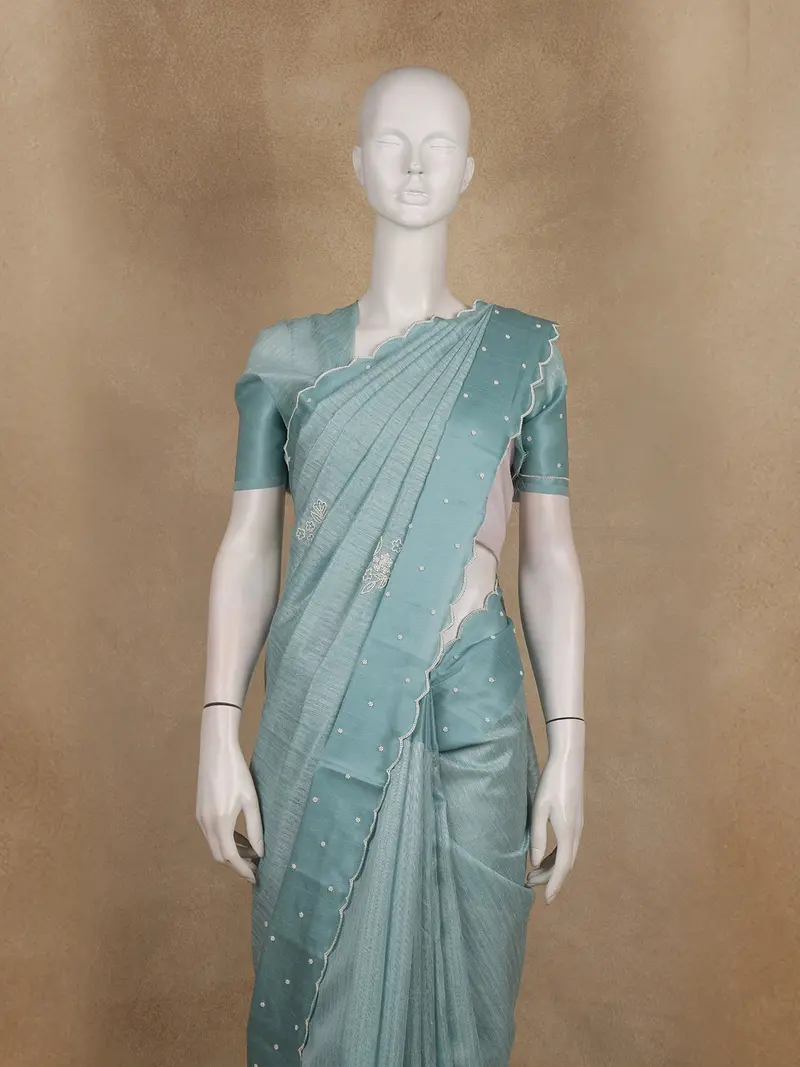 Aqua Blue Floral Embroidered Raw Silk Saree 2