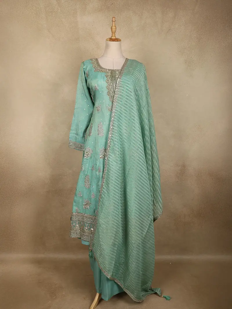 Aqua Blue Floral Embroidered Tissue Silk Palazzo Suit With Striped Dupatta 1