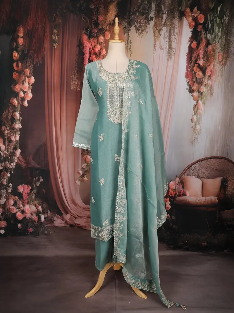 Aqua Blue Floral Embroidered Tissue Silk Straight Cut Salwar Suit With Dupatta 1