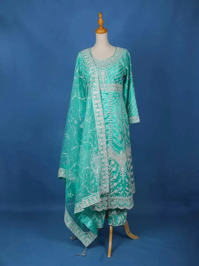 Aqua Blue Floral Embroidery Salwar Suit For Women 1