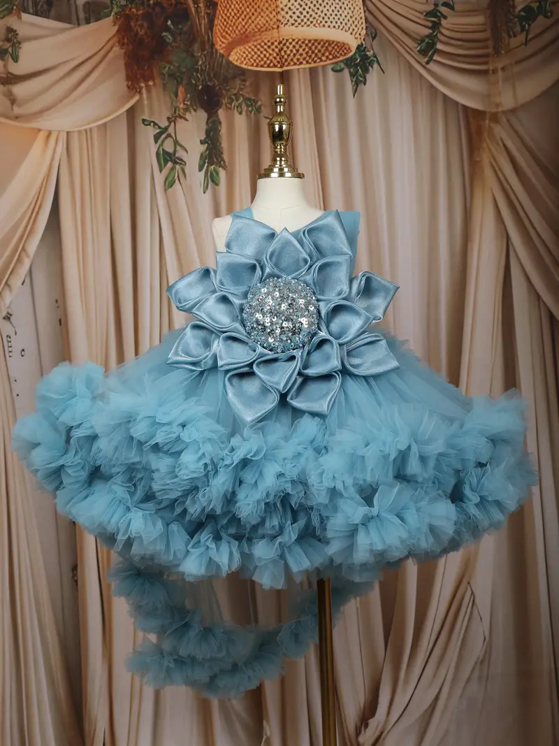 Aqua Blue Floral Layered Design Net Ruffle Frock 1