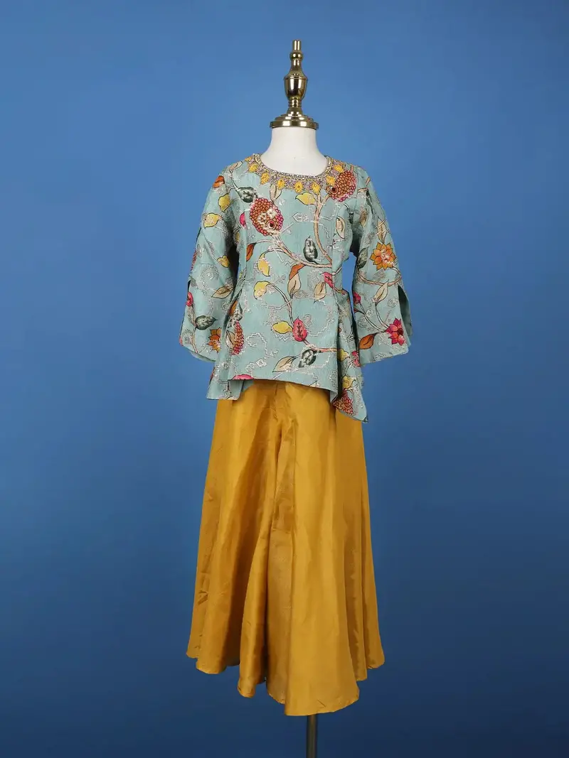 Aqua Blue Floral Printed Cotton Palazzo Suit 1