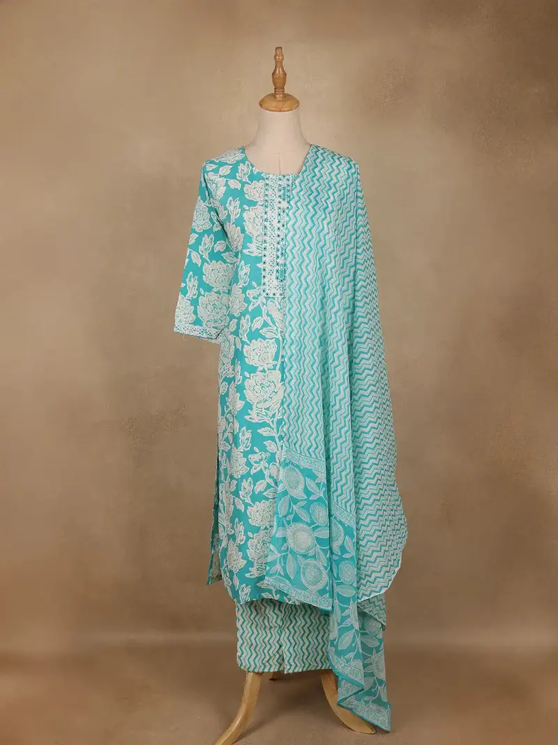 Aqua Blue Floral Printed Cotton Salwar Suit With Dupatta 1