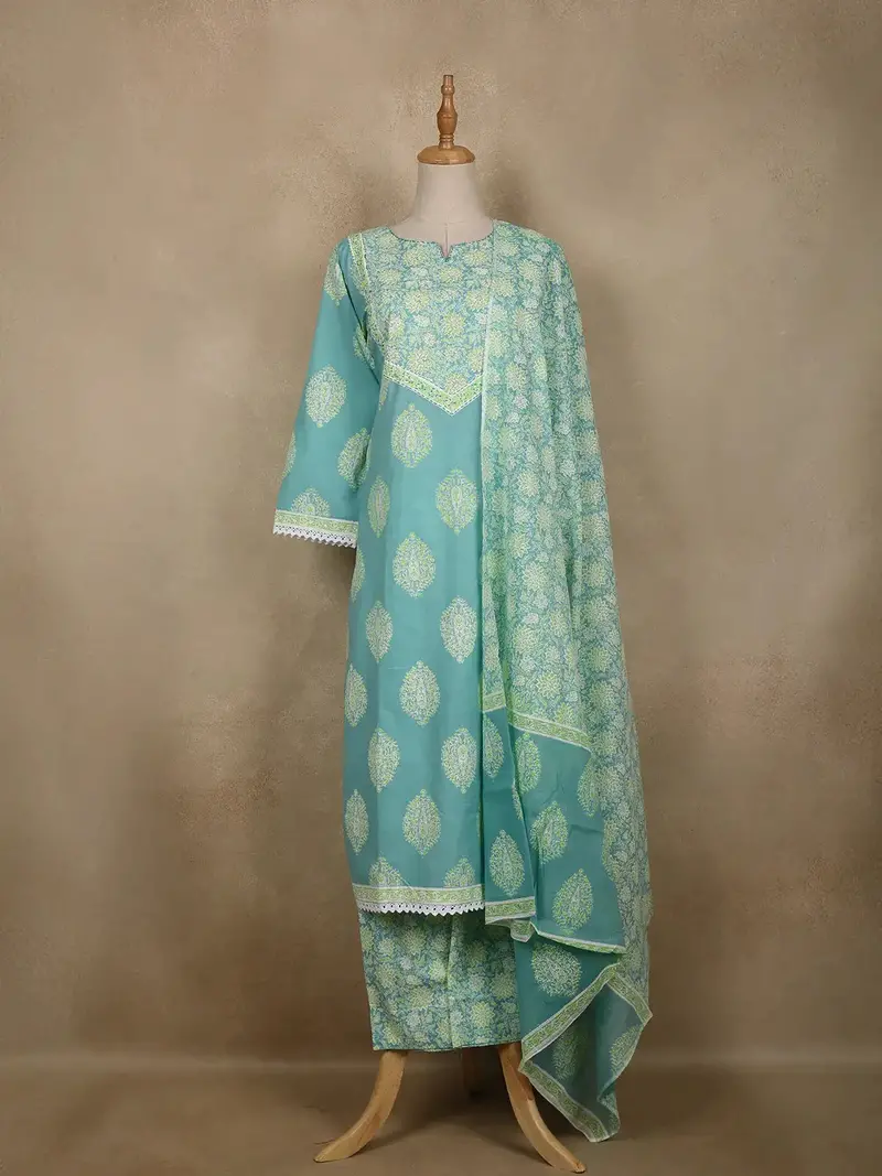 Aqua Blue Floral Printed Cotton Salwar Suit With Dupatta 1