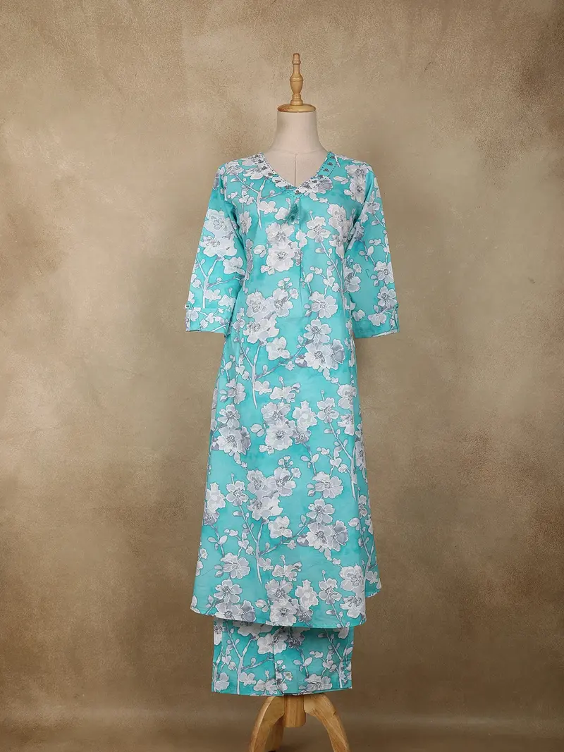 Aqua Blue Floral Printed Design Cotton Co-Ord Set 1