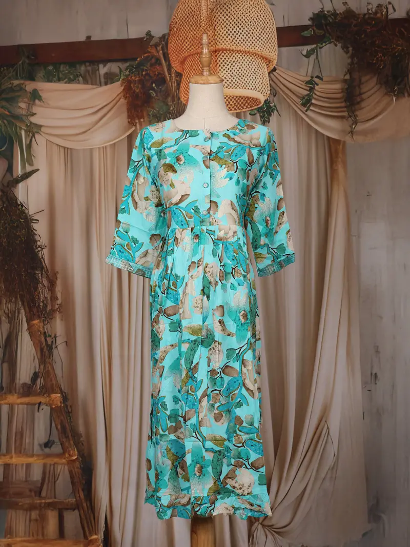 Aqua Blue Floral Printed Design Cotton Kurti 1