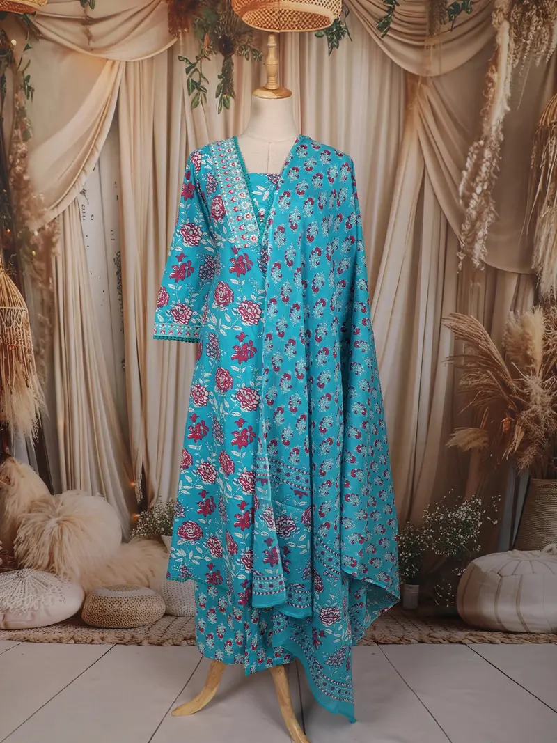 Aqua Blue Floral Printed Design Cotton Salwar Suit With Dupatta 1