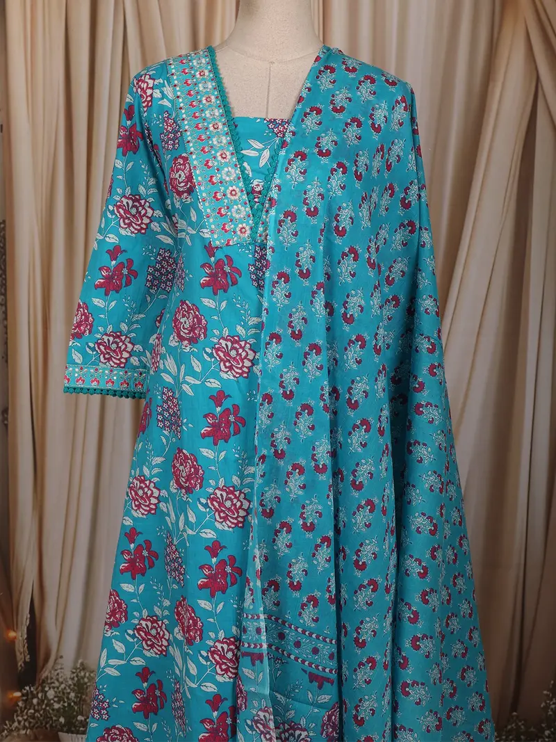 Aqua Blue Floral Printed Design Cotton Salwar Suit With Dupatta 2