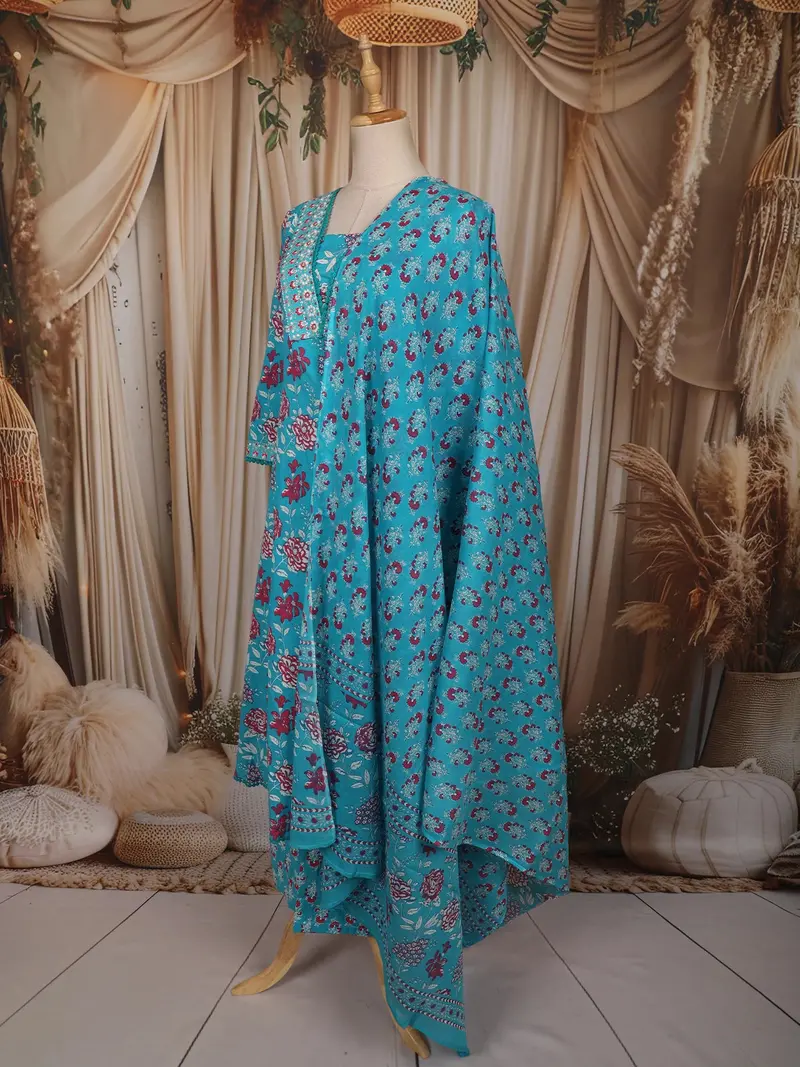 Aqua Blue Floral Printed Design Cotton Salwar Suit With Dupatta 3