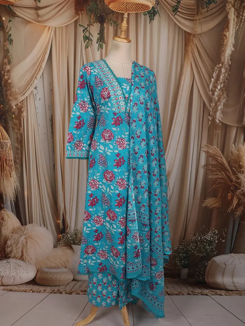 Aqua Blue Floral Printed Design Cotton Salwar Suit With Dupatta 4