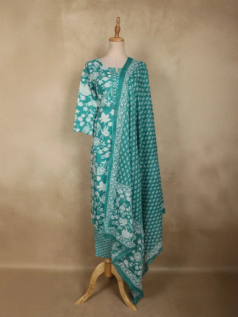 Aqua Blue Floral Printed Design Cotton Straight Cut Salwar Suit With Dupatta 1