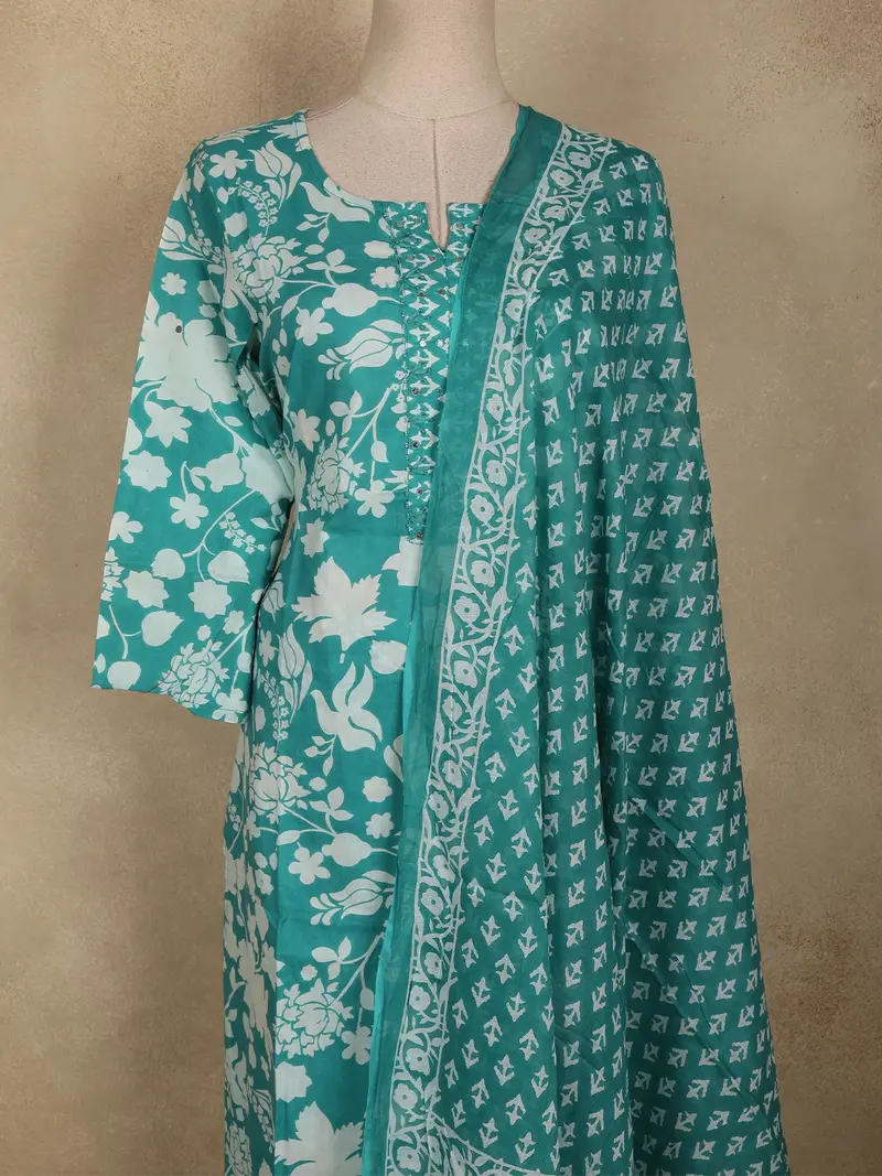 Aqua Blue Floral Printed Design Cotton Straight Cut Salwar Suit With Dupatta 2