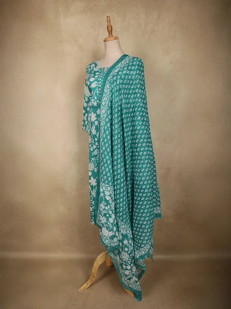 Aqua Blue Floral Printed Design Cotton Straight Cut Salwar Suit With Dupatta 3