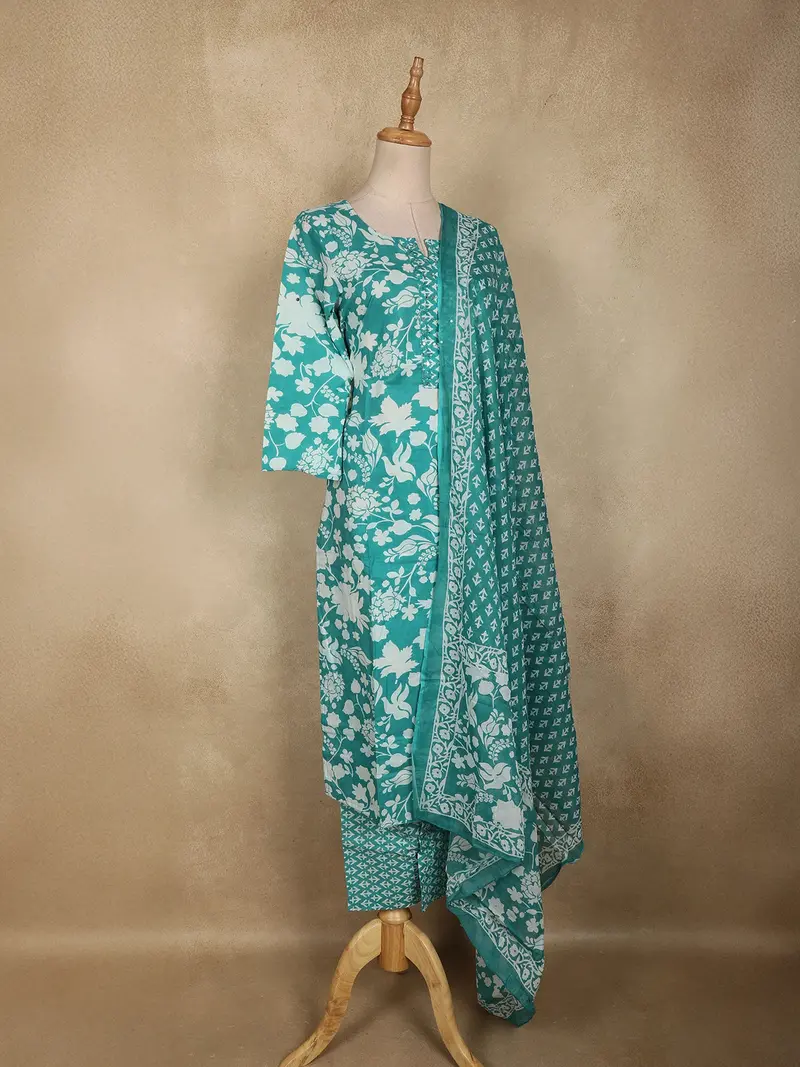 Aqua Blue Floral Printed Design Cotton Straight Cut Salwar Suit With Dupatta 4