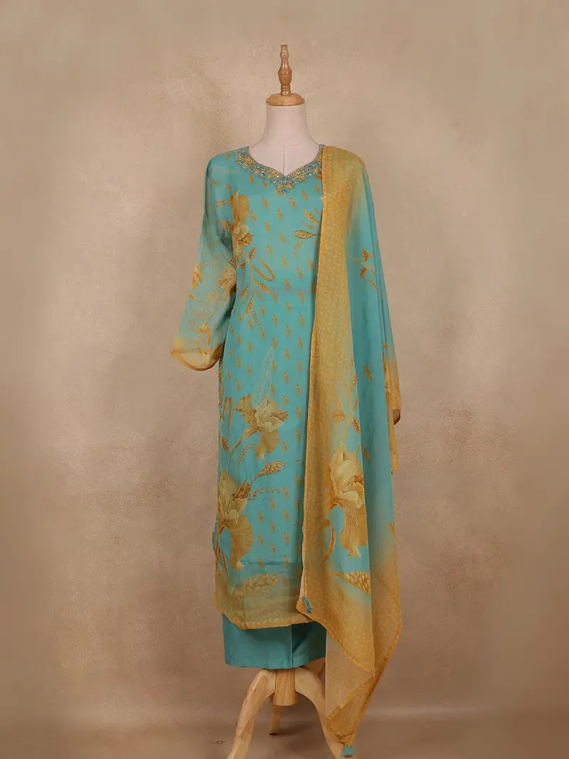 Aqua Blue Floral Printed Design Crepe Silk Straight Cut Salwar Suit 1